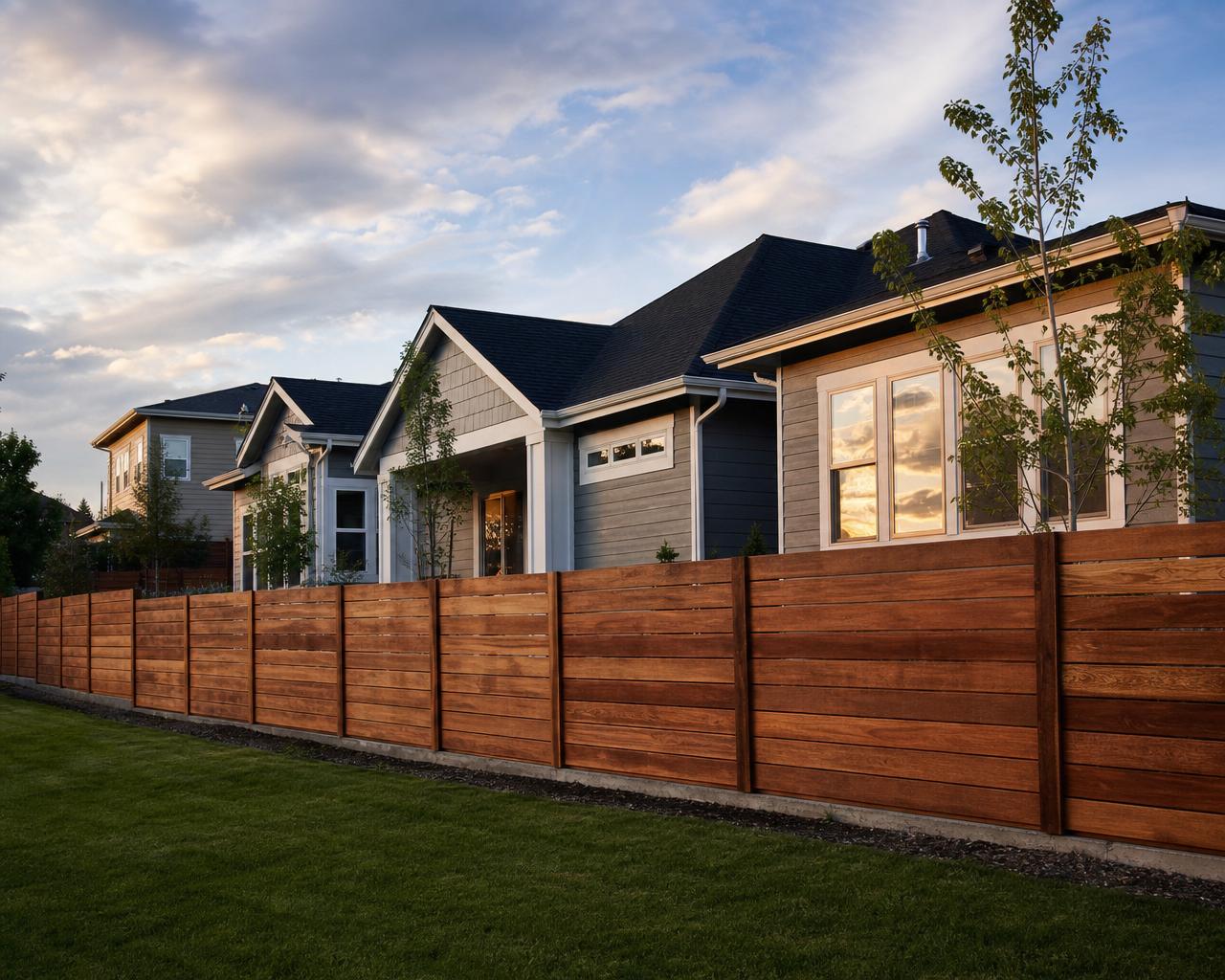 Beautifully painted suburban home with a fresh white fence installed by VS Level LLC
